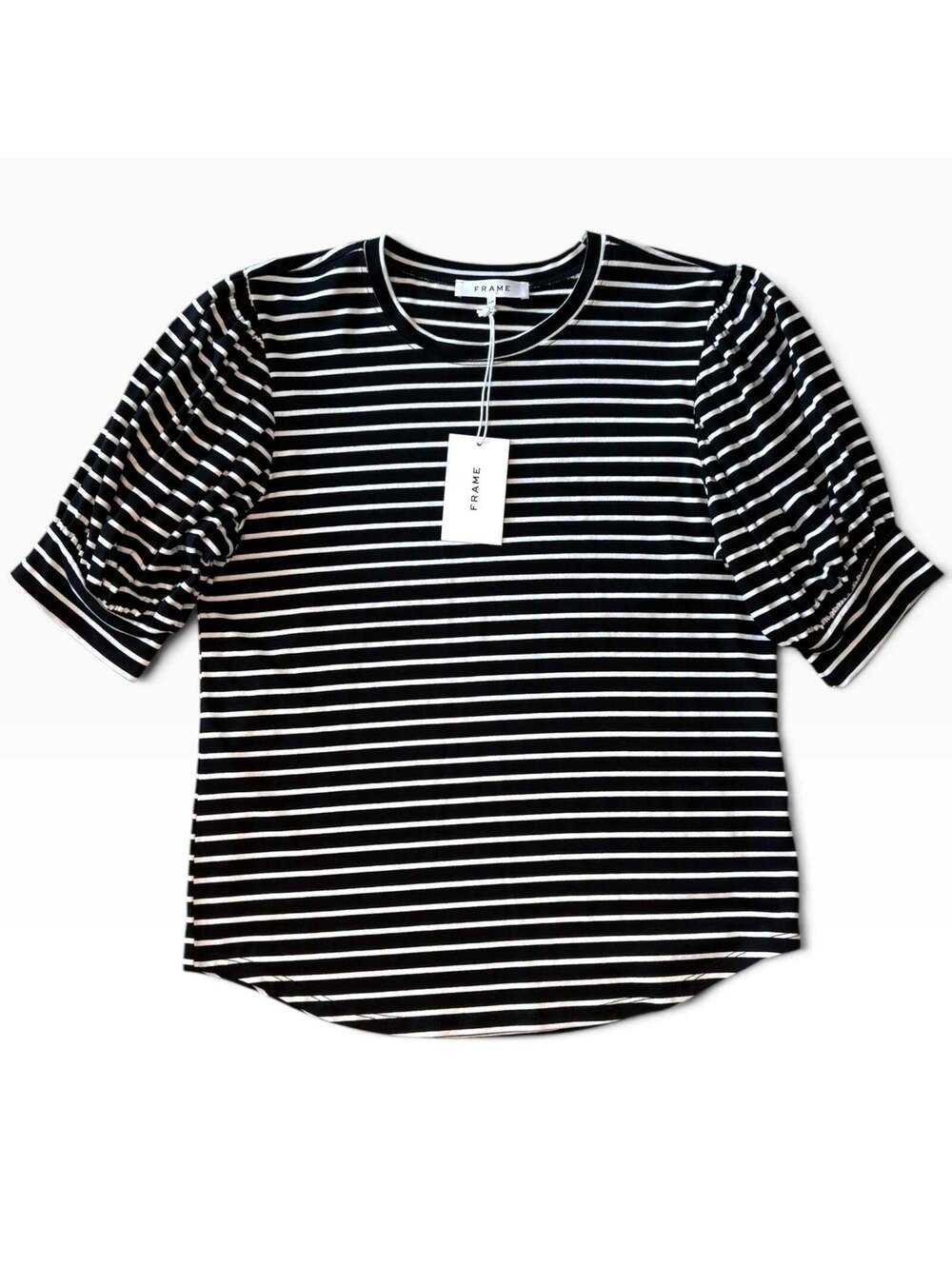 FRAME Frankie Black & White Striped Puff Sleeve Tee Size Large NWT
